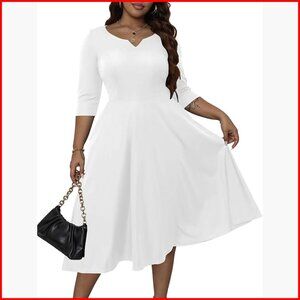 Plus Size Fit & Flare A-Line Swing Dress 3/4 Sleeve Midi Wedding Guest